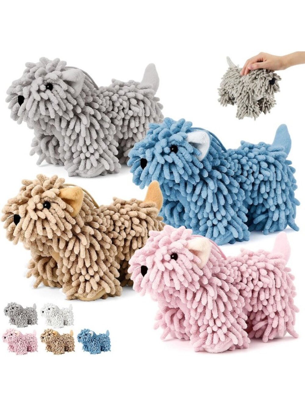 Soft Chenille Dog Hand Towels Set of 4 - Gray, Brown, Pink, Blue - Cute Dog